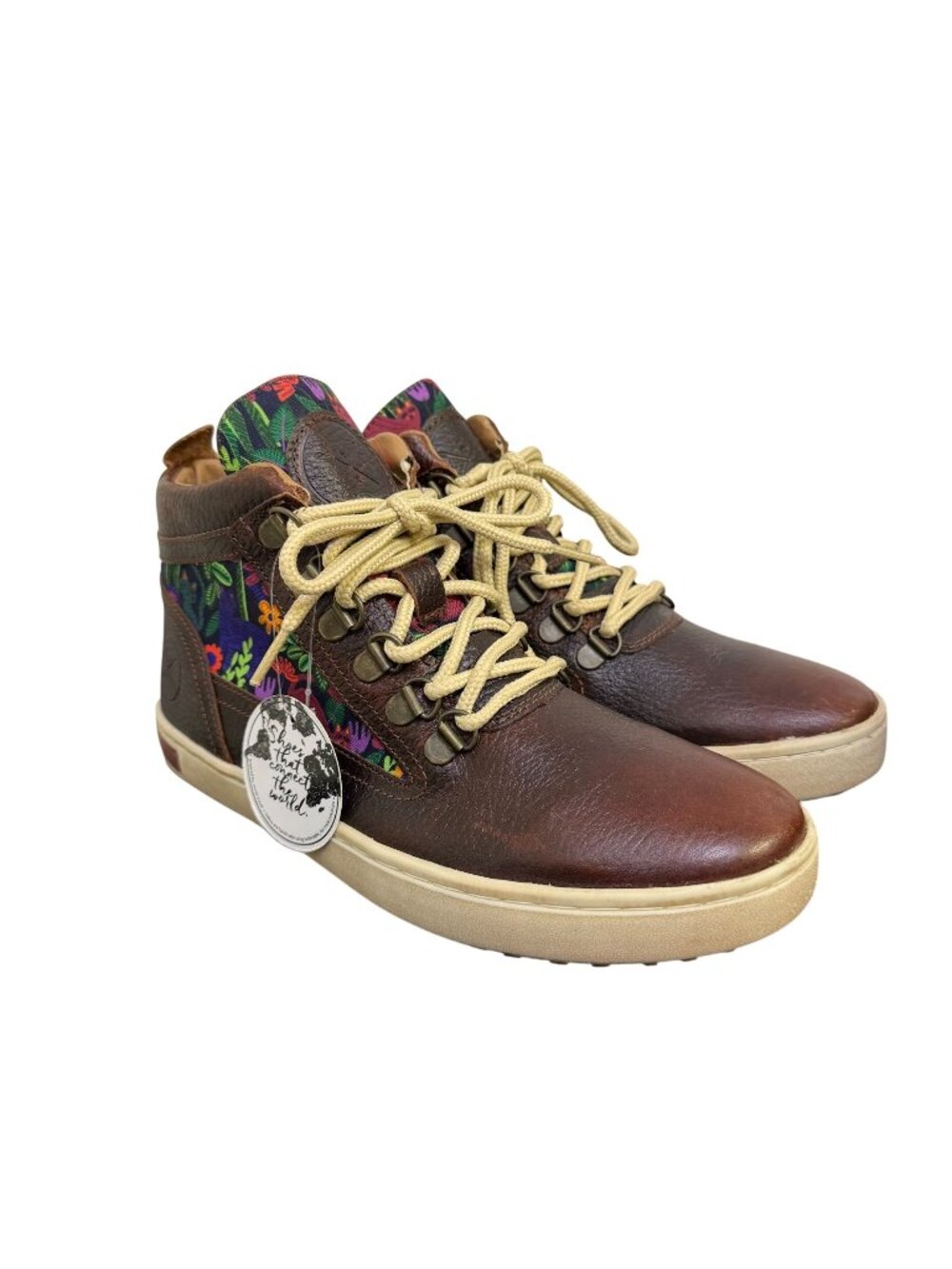 NWT Inkkas Brown Leather & Floral Print High-Top Sneakers Size 7